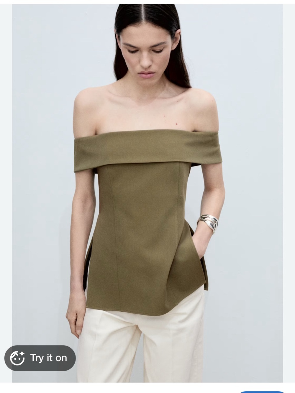 Mango Off-Shoulder Olive Green Folded-Neck Top
